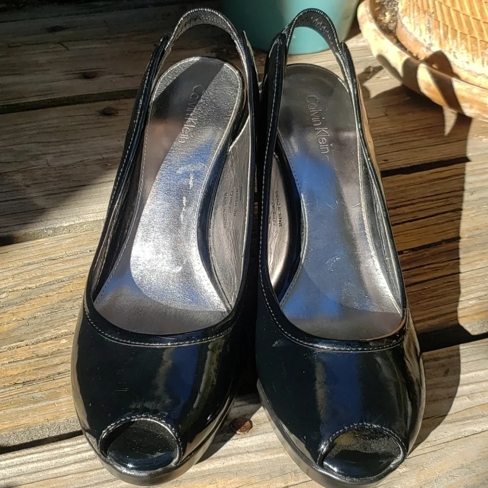Calvin Klein patent wedge peep toe slingbacks